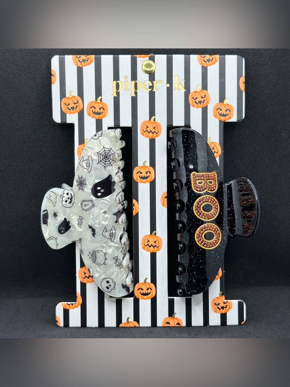 Piper K Halloween Hair Claw Clips 2 Pack Boo Orange Rhinestone Ghost Pearl NWT
